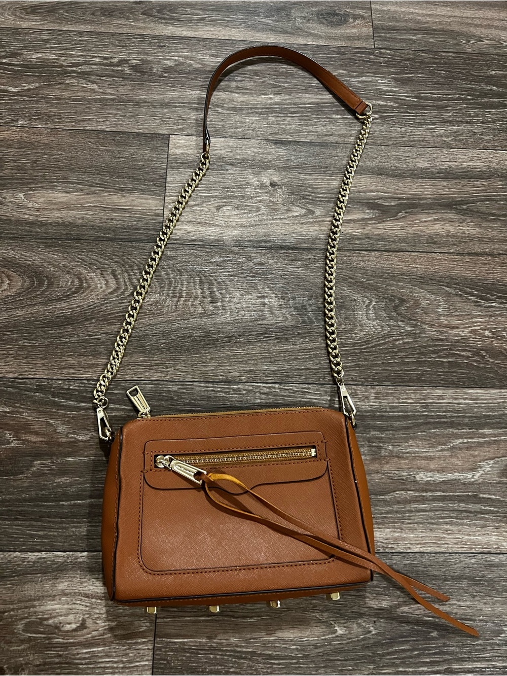 Rebecca Minkoff Avery Brown Tan Crossbody Bag with Gold Chain Strap